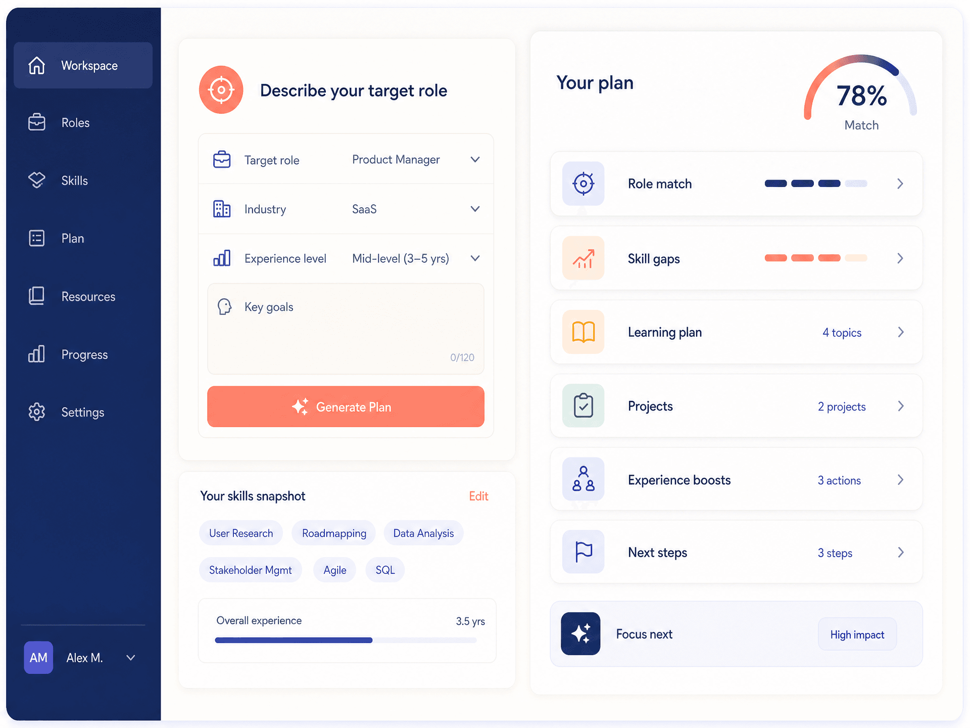Role-brief workspace showing a structured plan and match score